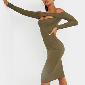 Black Rib Cut Out Long Sleeve Midi Dress